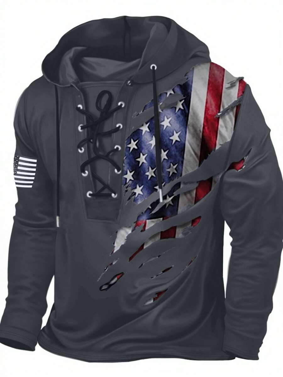 Manfinity LEGND Men American Flag Printed Long Sleeve Hooded Sweatshirt, Casual For Autumn/Winter