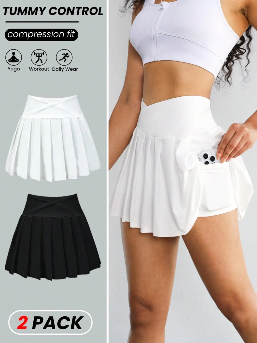 SHEIN Sport Studio 2pcs Women Solid Color Pleated Minimalist Sports Skort, Casual Daily Tennis Skirt