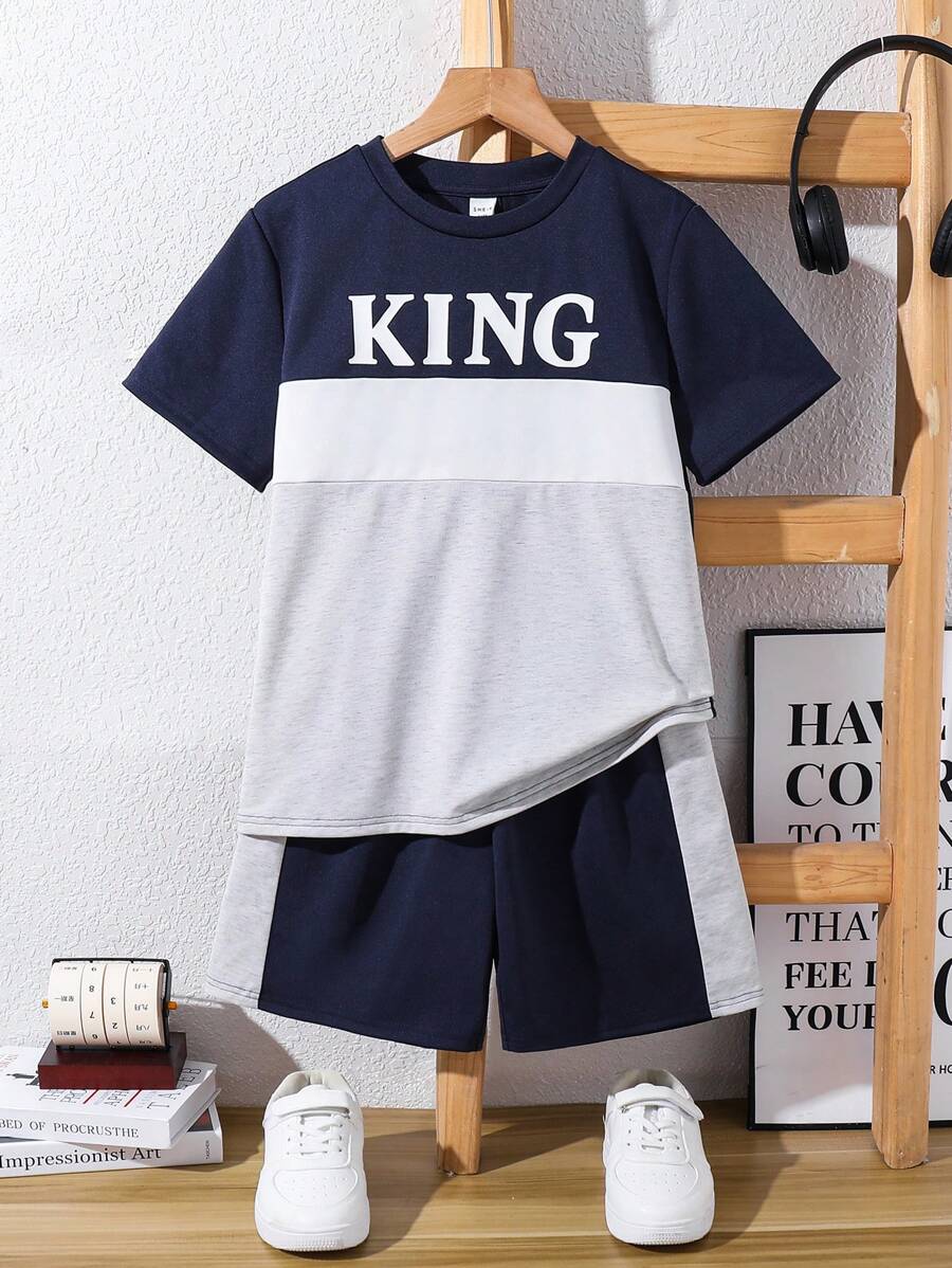 2pcs Tween Boy Casual Colorblock Letter Graphic Short Sleeve Crew Neck T-Shirt & Elastic Waist Pants Set, Suitable For Autumn, Spring, Summer, Ideal For Outdoor Play, School, Street Style, Party And Leisure