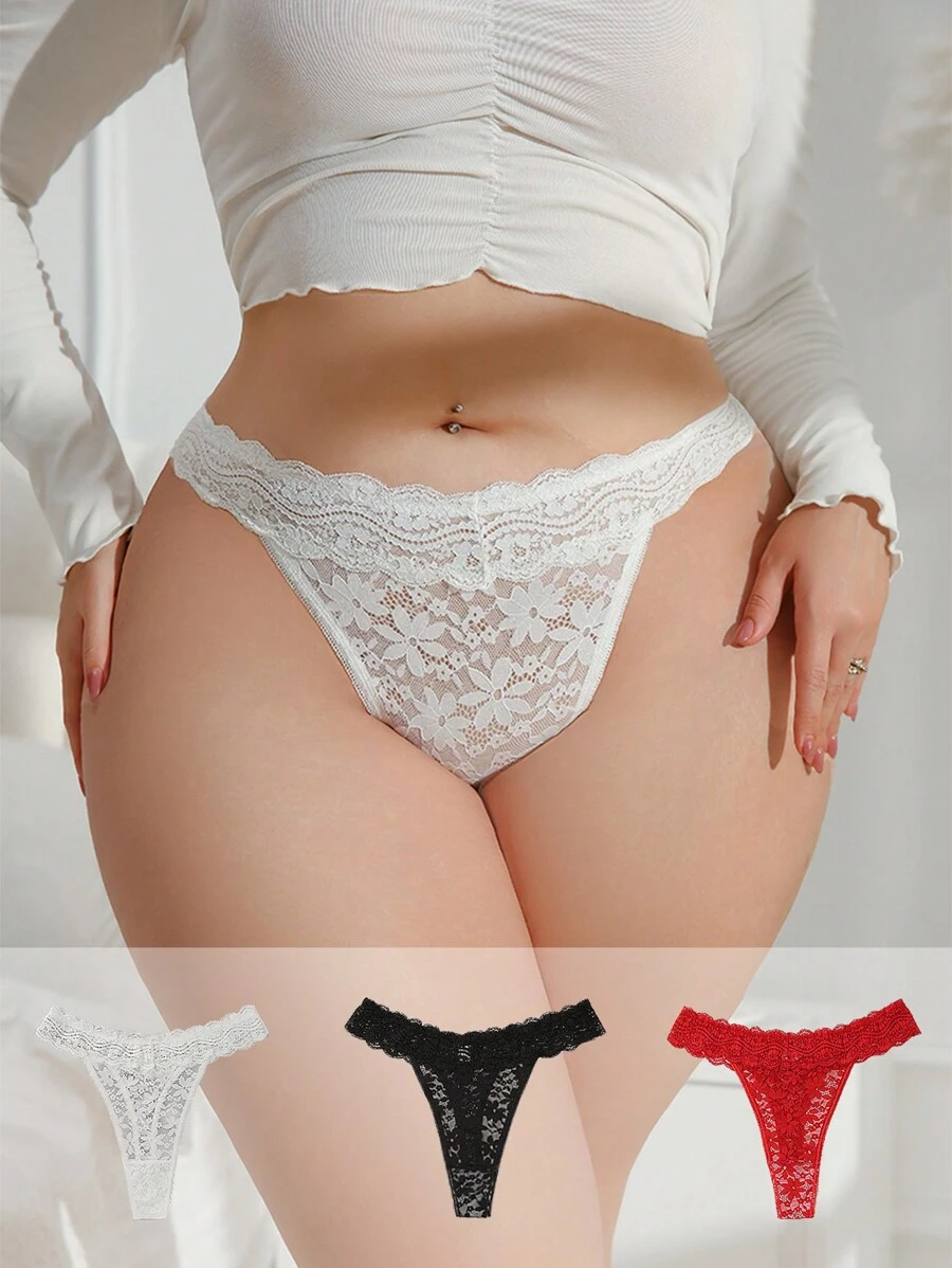 Shein Underwear&Sleepwear Basics Set de 3 piezas Ropa interior de encaje cómoda de talla grande para mujer