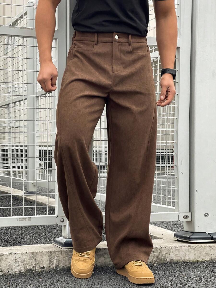 Manfinity Homme American Corduroy Washed Utility Pants For Men, High-End Casual Loose Straight Leg Trousers, Japanese Style Men Wide Leg Parts