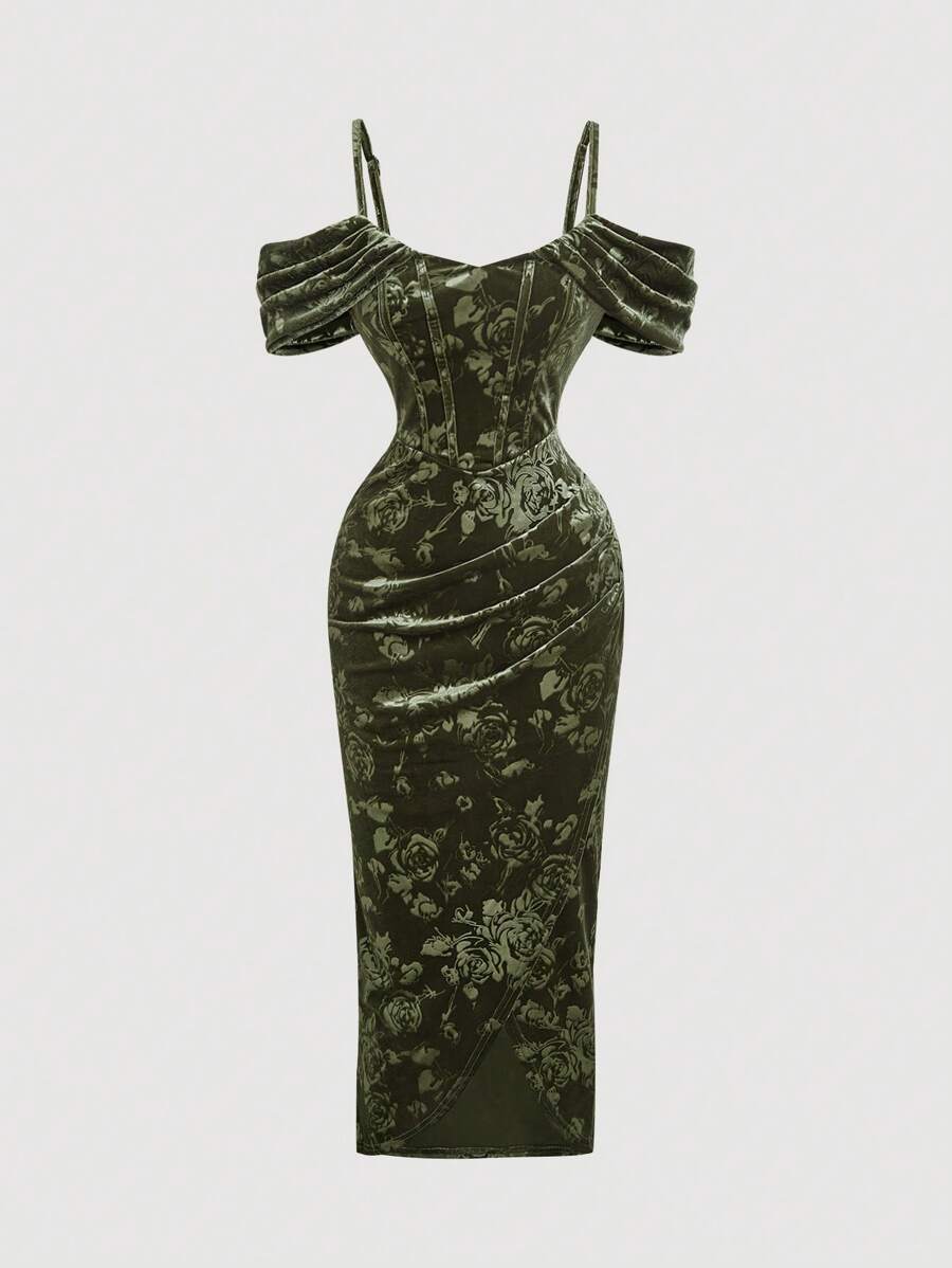 SHEIN MOD Velvet Embossed Vintage Dress For Women, Suitable For Early Autumn