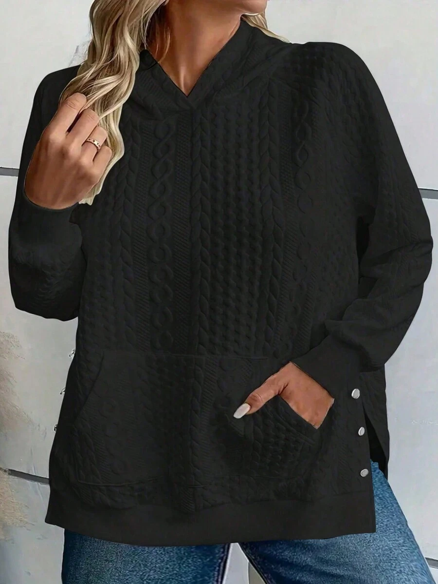 INAWLY Bluza z kapturem Plus Size Casual Teksturowana Raglan Rękaw Bluza z kapturem, Czarna, Jesień/Wiosna