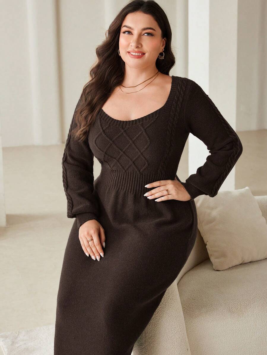 Mulvari Plus Size Solid Color Long Sleeve Sweater Dress, Minimalist Fashion For Casual Daily Wear