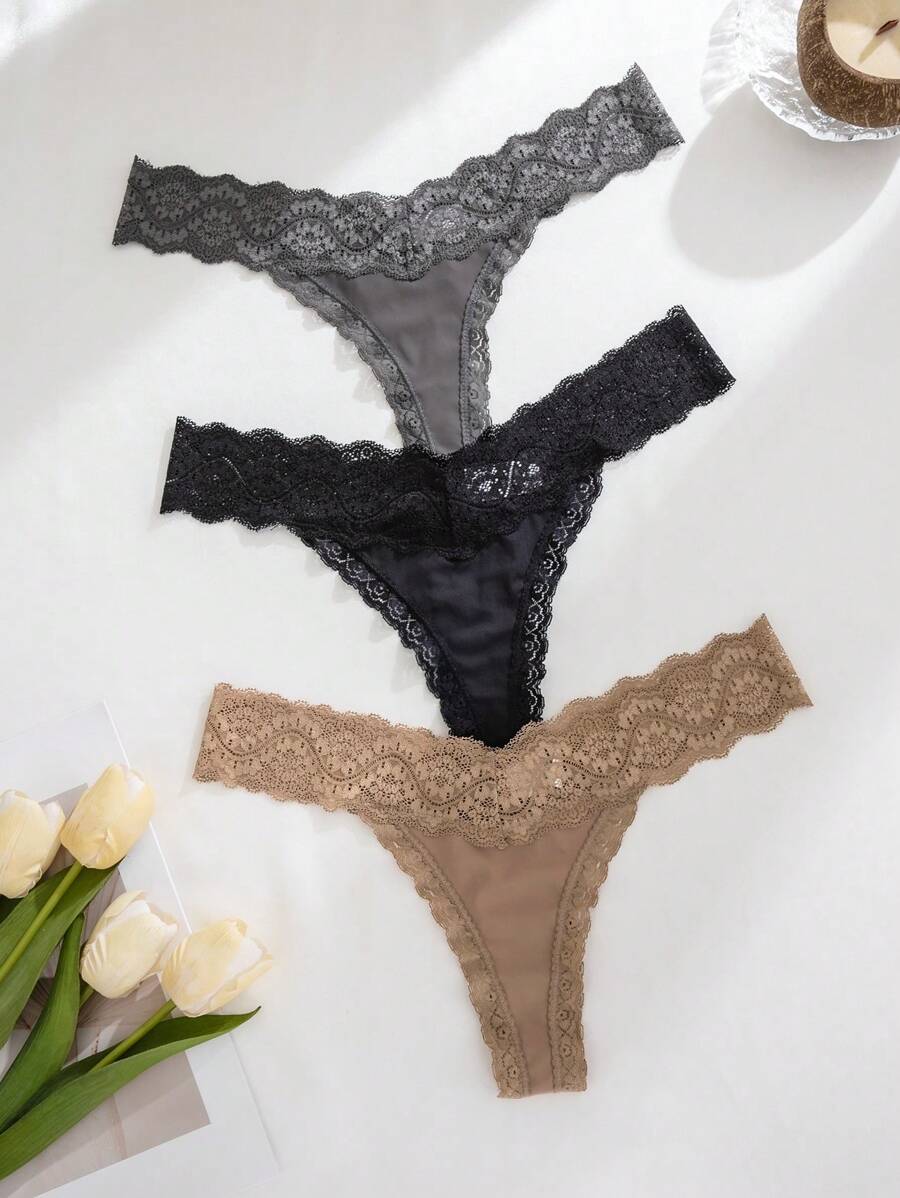 Shein Underwear&Sleepwear Basics 3pcs Set Women Lace Splicing Minimalist Thong Lingerie, Sexy