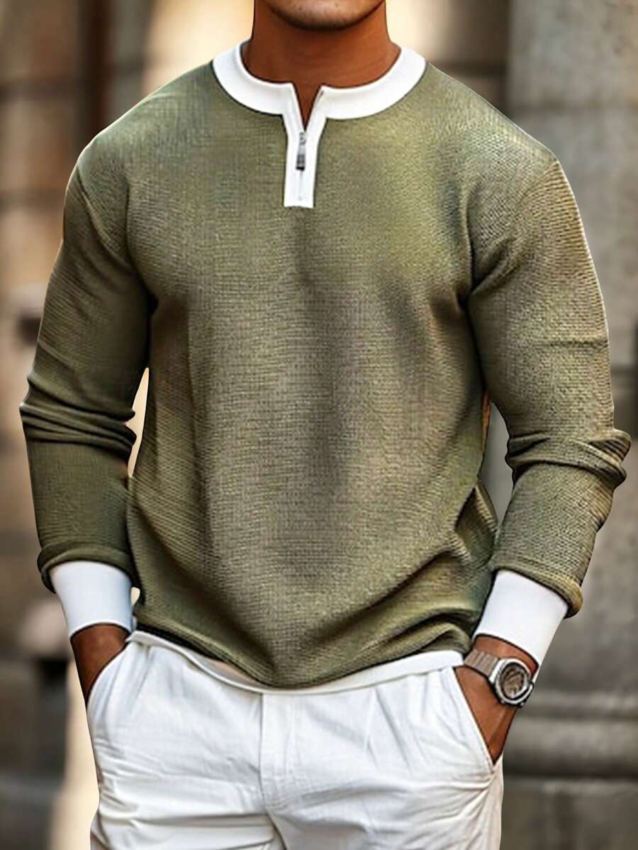 Manfinity Homme Men's Zip-Up Contrast Binding Long Sleeve Sweatshirt, Casual Pullover