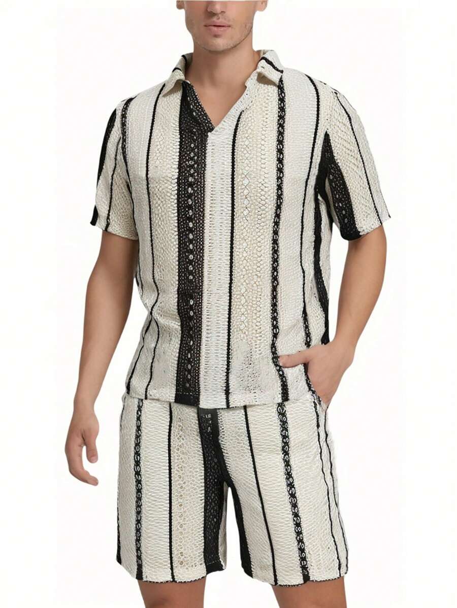 Manfinity RSRT Conjunto Casual Masculino de 2 Peças, Top de Manga Curta Listrada e Short