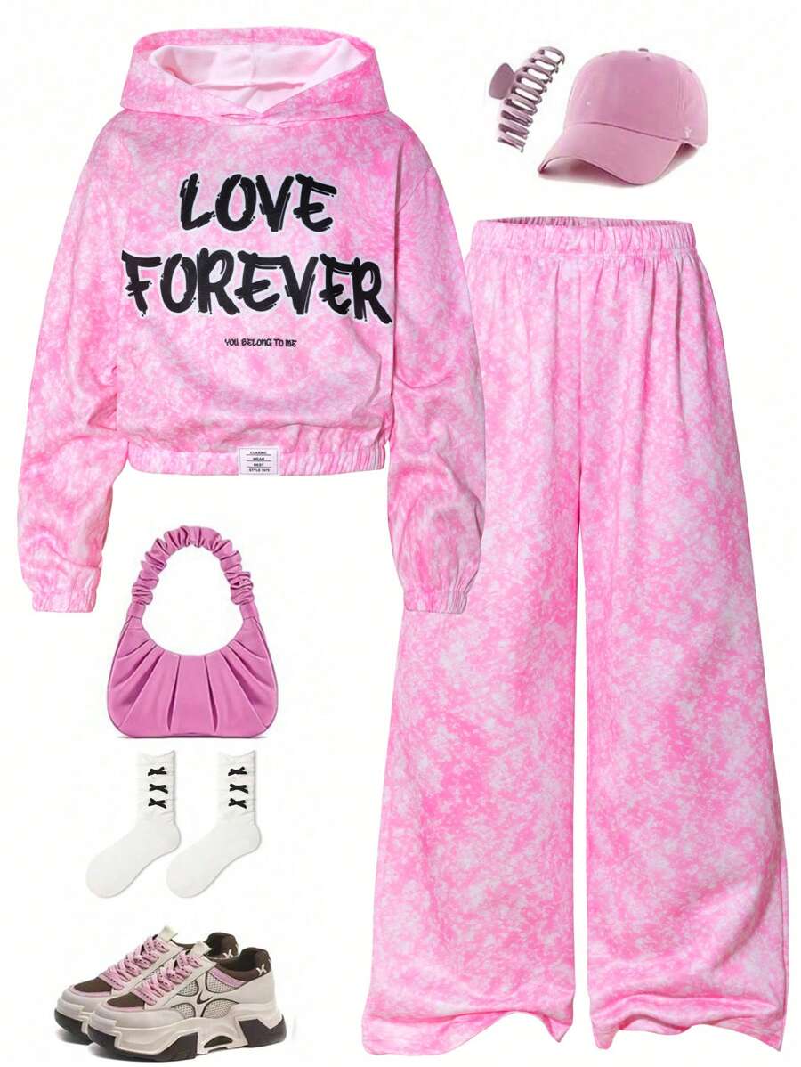 Conjunto de 2 piezas de sudadera con capucha y pantalón de pierna ancha para niñas preadolescentes, en color rosa claro con efecto lavado y estampado gráfico de letra, cintura elástica, de moda y diseño, adecuado para la escuela y el uso en otoño/invierno