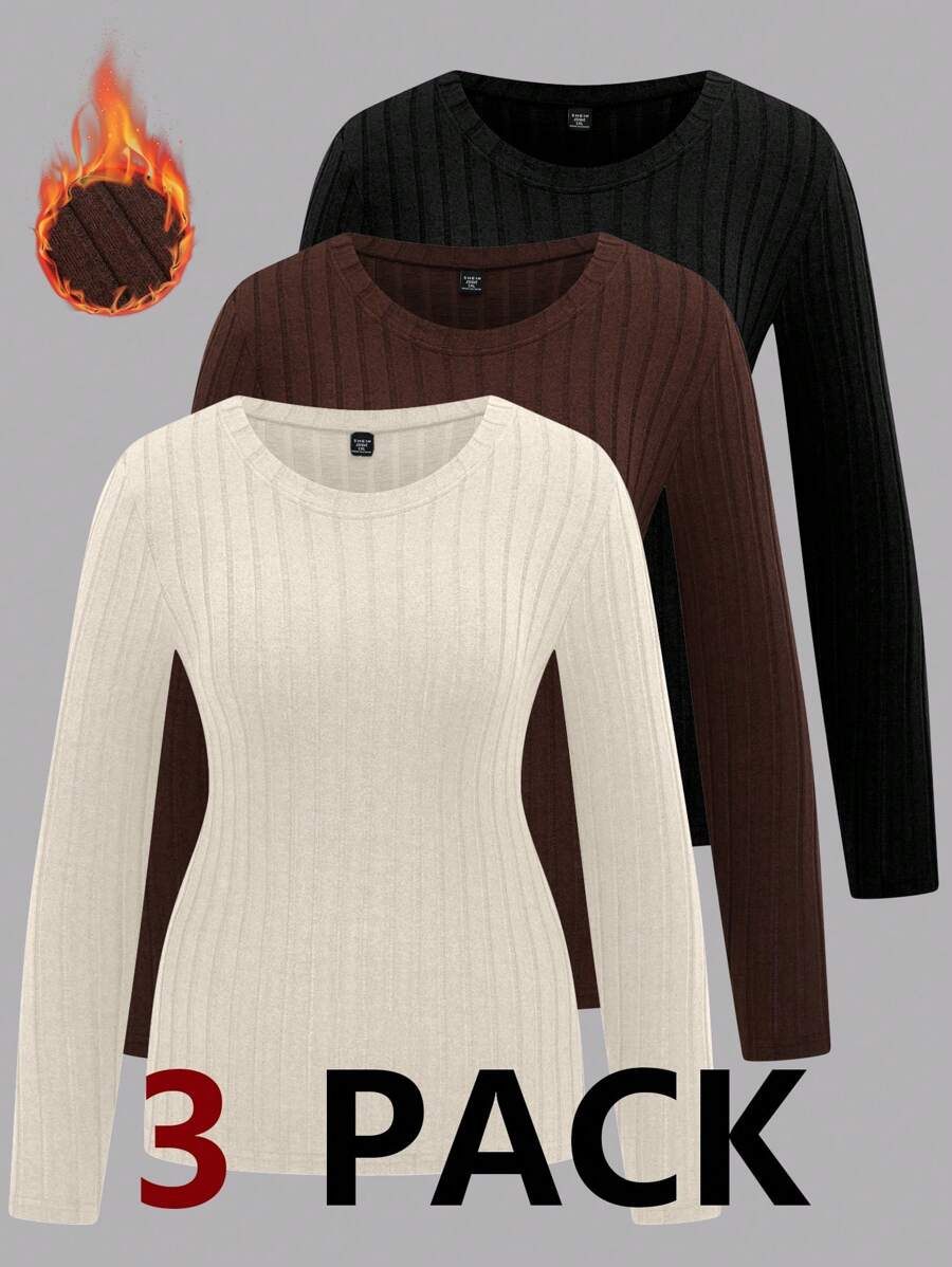 SHEIN LUNE Plus Size Basic Crew Neck Long Sleeve Fuzzy Striped Warm 3-Piece T-Shirt Set, Autumn/Winter