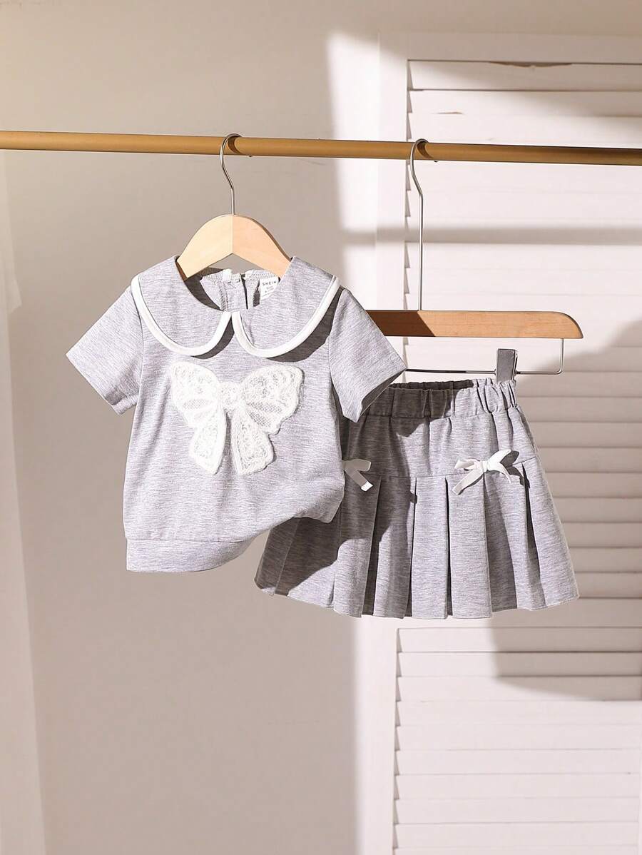 SHEIN 2pcs/Set Baby Girl Spring&Summer Casual Style, Butterfly Pattern Embroidery Top &Pleated Skirt
