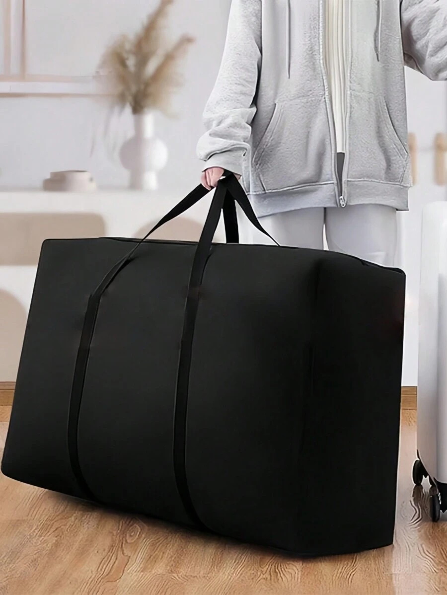 1 pièce Sac de rangement zippé pliable portable en non-tissé noir. Organisateur de bagage pour vêtements saisonniers, couettes, décoration de Noël, équipement de voyage. Solution de rangement grande capacité, réutilisable, durable et légère.