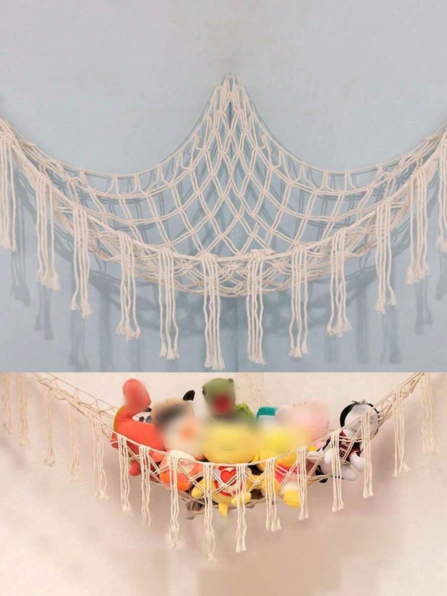 SHEIN 1pc Large Boho Stuffed Animals Net Or Hammock, Toy Hammock, Stuff Animal Storage Corner Hanging Net Holder, Mesh Hammock Plush Toy Hanging Storage With Tassel Hooks For Bedroom Decorations Autumn Decor Festival Decor Room Decor Home Decor Fall Spring Decor Bedroom Decor