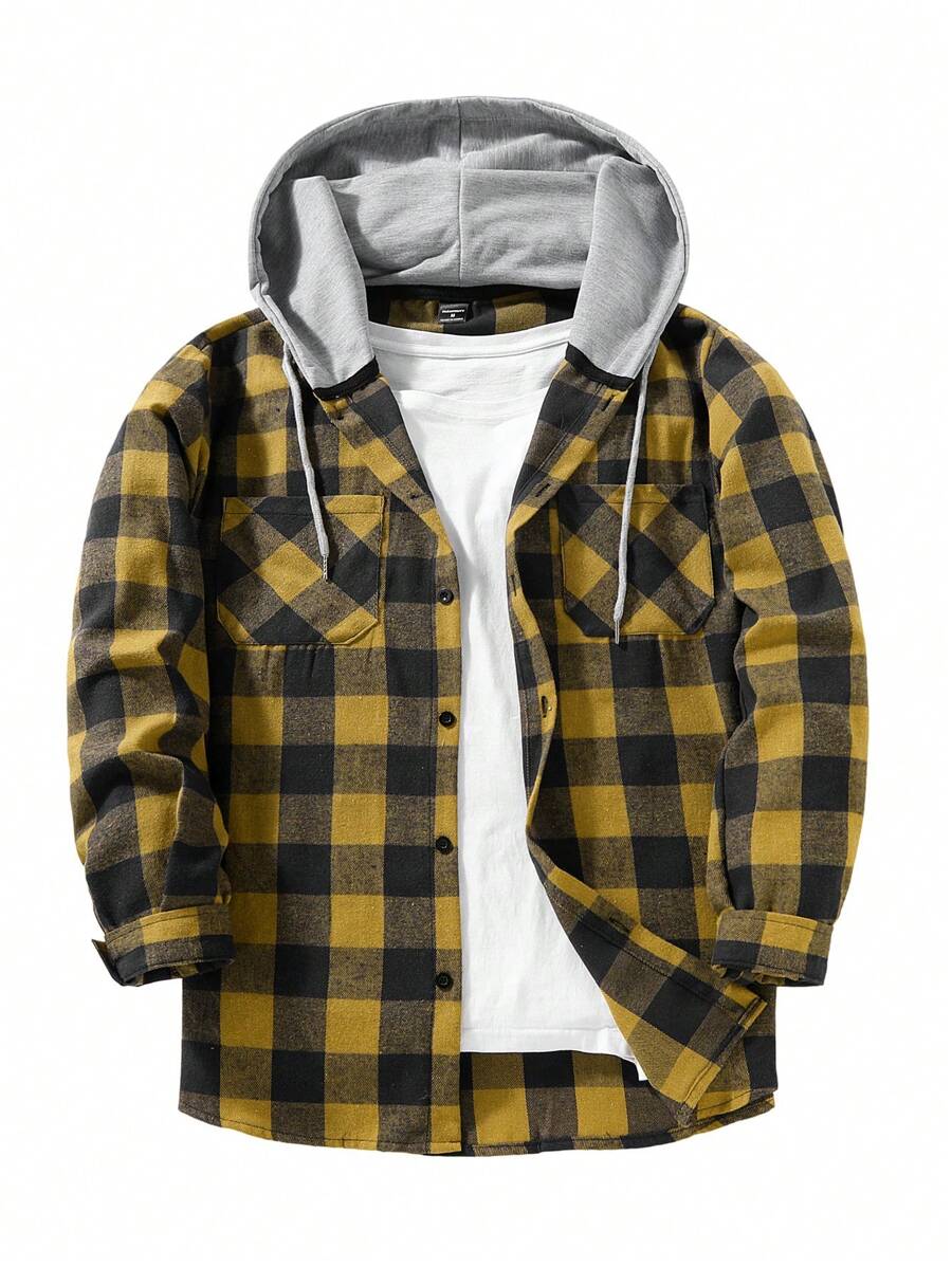 Manfinity Hypemode Camisa Casual Masculina com Capuz, Botão na Frente, Manga Longa, Cor Sólida, Remendo