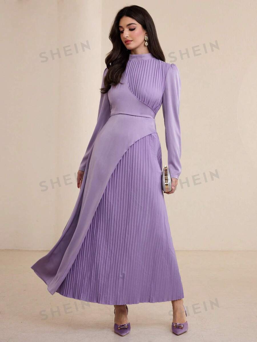 Graceveil Vestido plisado casual de manga larga con cuello alto para mujer, modesto