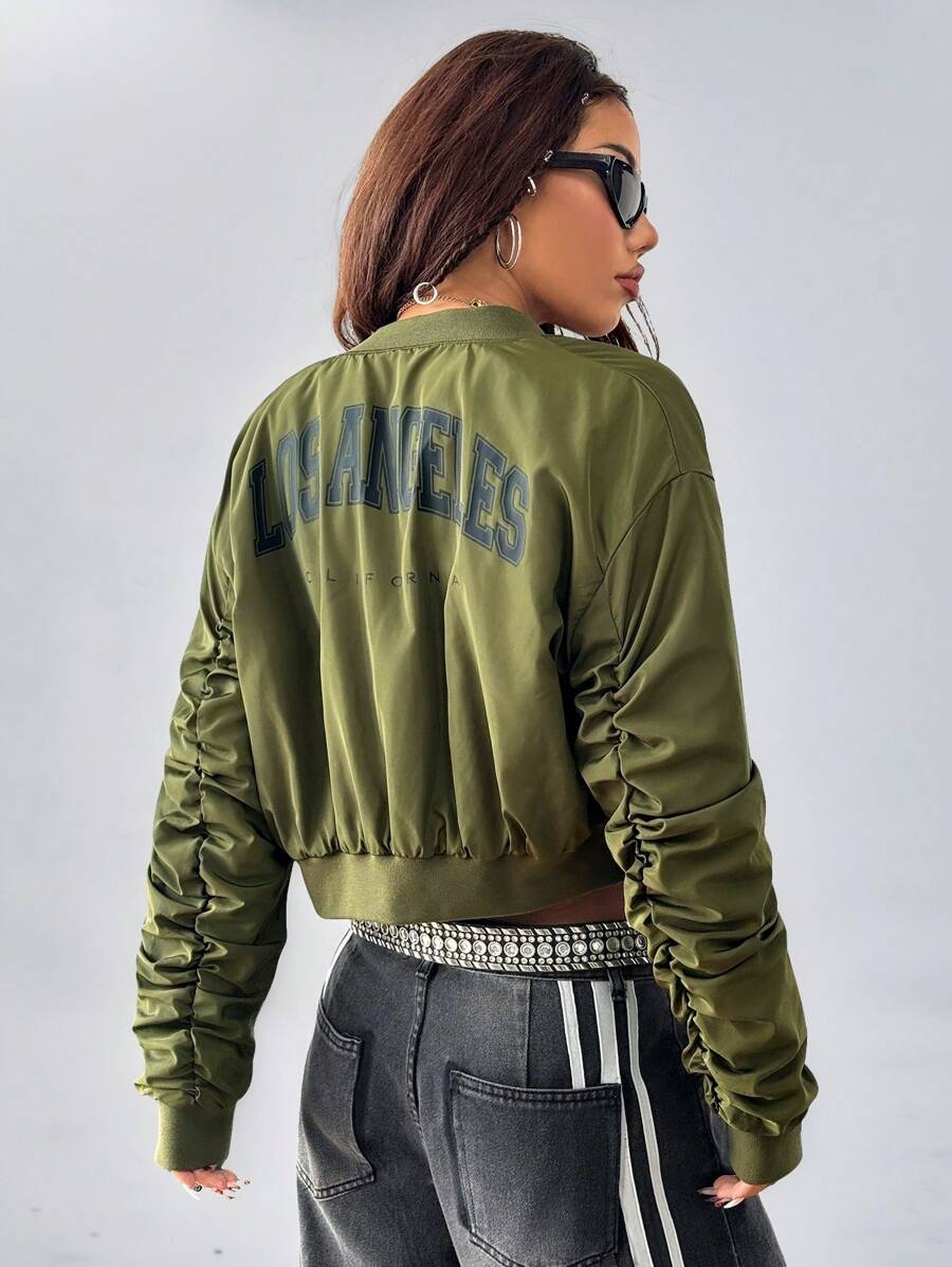 SHEIN EZwear Winter Cargo Athleisure Game Day Graphics Keep Warm Zip Up Army Green Loose Quilted Jacket, Bomberjack Dames
