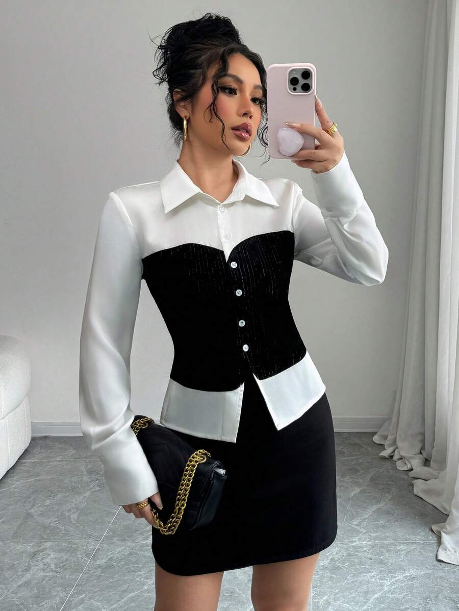 Elenzga Women Casual Elegant Office Wear 2 In 1 Satin Faux Pearl Velvet Silver Line Splicing Waist Fitted Long Sleeve Blouse