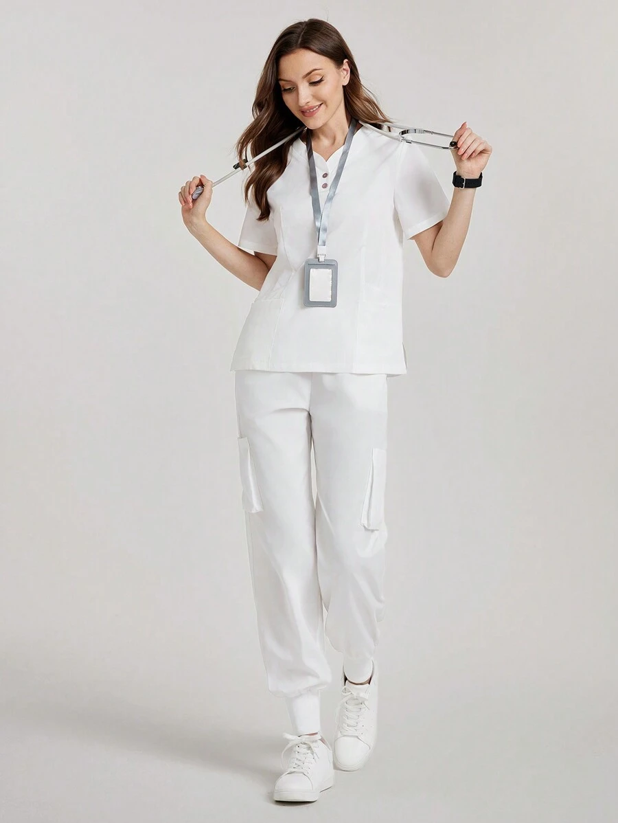 TaskEZ Effen kleur V-hals korte mouw top en broek verpleegkundig scrub uniform set