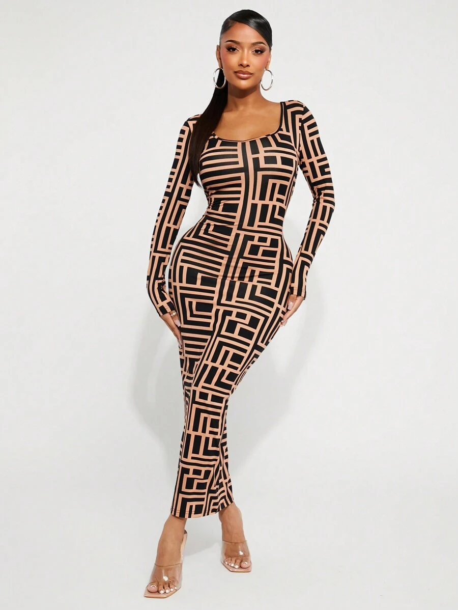 SHEIN SXY Geometric Print Long Sleeve Scoop Neck Figure Flattering Midi Dress, Autumn/Winter Season