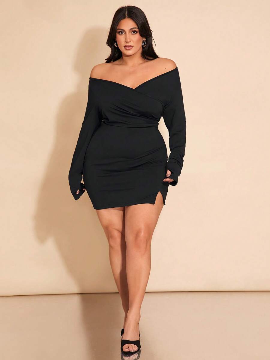 SHEIN BAE Plus Size Damska Czarna Sukienka Z Długim Rękawem I Dekoltem W Serek, Seksowna I Elegancka Sukienka Na Randki, Imprezy, Święta, Strój Na Mardi Gras, San Valentin, Wielkanoc, Prezenty Na Walentynki, Dopasowana, Prosta Sukienka, Podstawowa Sukienka Damska, Sukienki Damskie W Stylu Zachodnim, Sukienka Letnia, Obcisła Sukienka, Wielkanoc, Ubrania Wiosenne