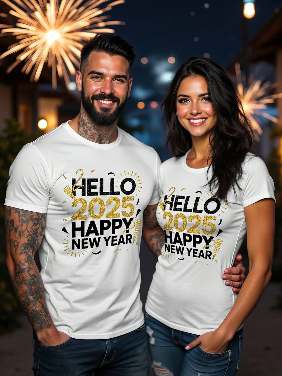 Manfinity Homme Plus Size Men's Casual New Year Slogan Print Short Sleeve T-Shirt