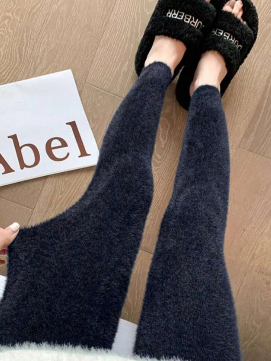 INAWLY Women Solid Color Plush Fitted Pants, Autumn/Winter