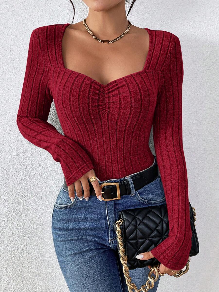 SHEIN Frenchy Women's Solid Color Long Sleeve Slim Fit Casual Everyday T-Shirt, Minimalist Style