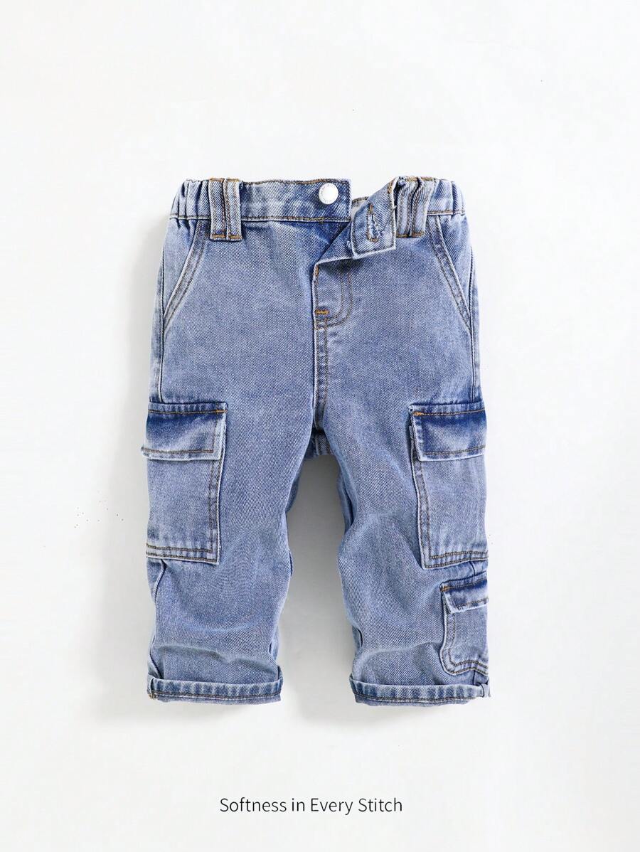 Cozy Pixies Baby Boys Casual Fashionable Stonewashed Loose Fit Blue Jeans With Cargo Pocket ,For Baby Fall/Winter Outdoor Wear Clothes And Daily Wear Clothes Outfits