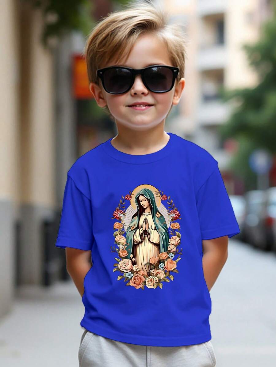 Young Boy Casual Virgin Mary Print Short Sleeve T-Shirt
