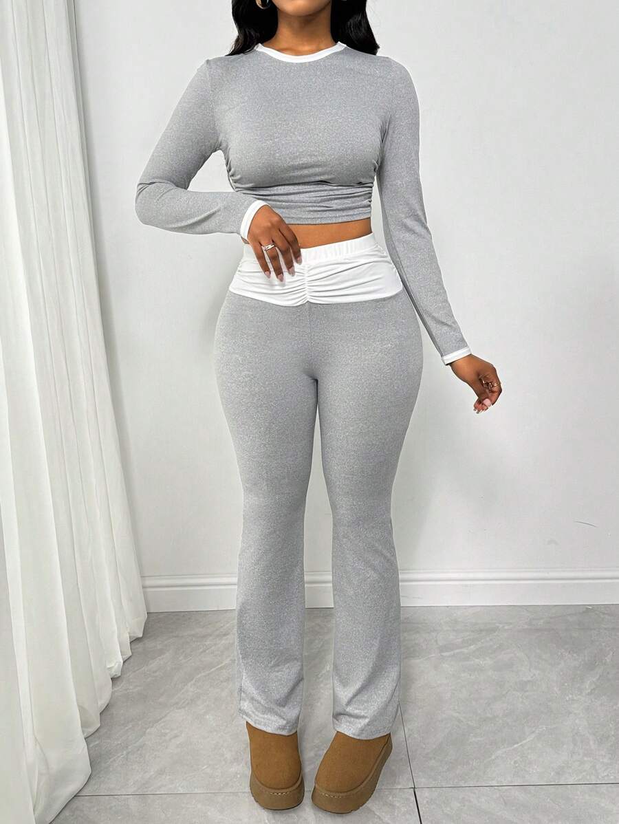 VaVaBold 2pcs Women Solid Crew Neck Long Sleeve Top And Pants Casual Set