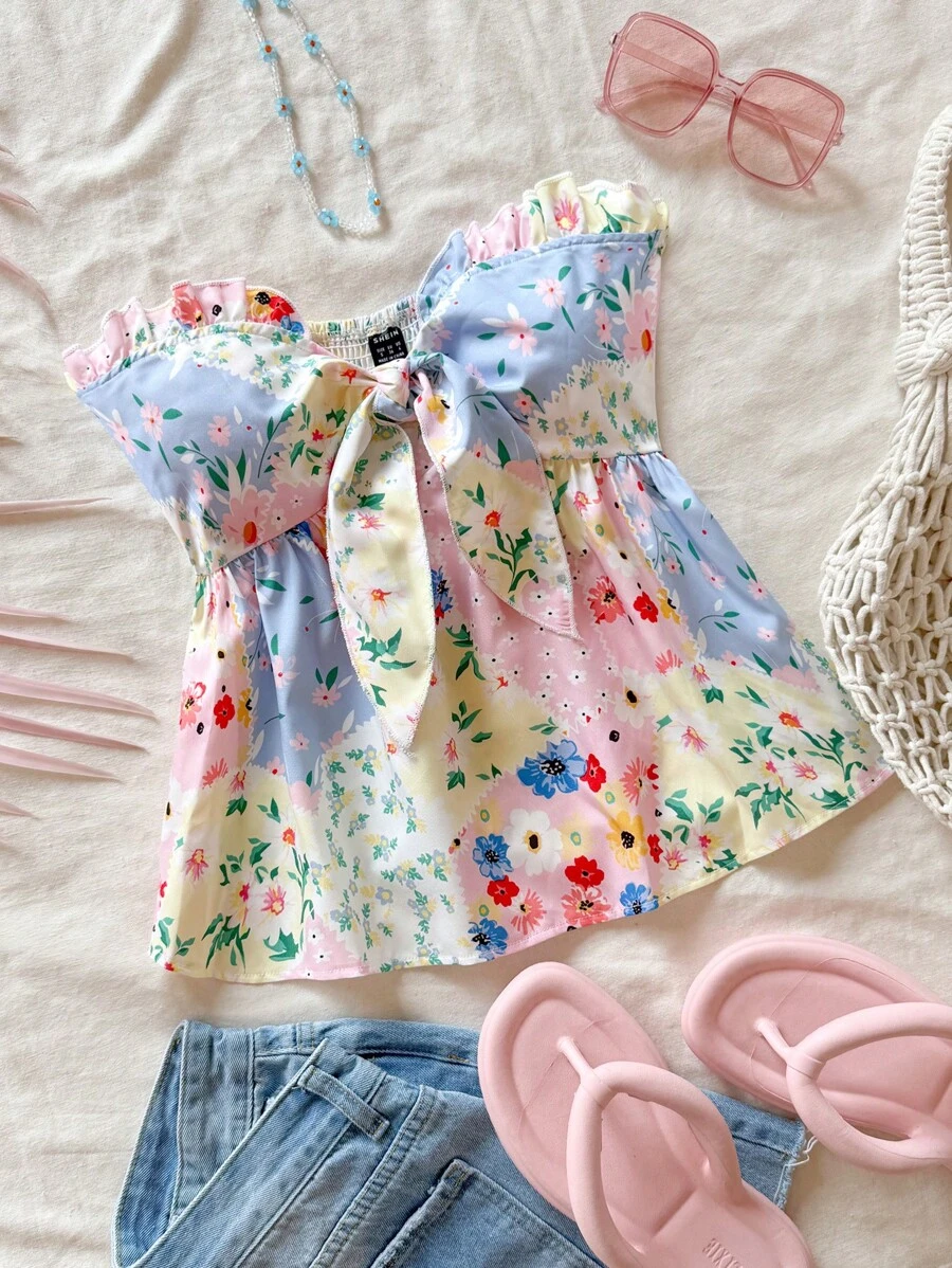 Soleia Top tipo tubo casual de vacaciones con nudo y estampado floral ditsy para mujer
