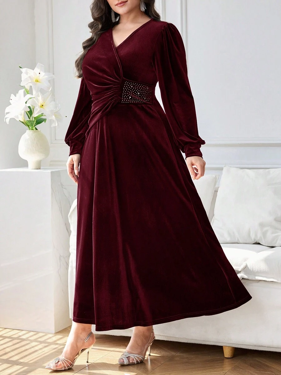 Modelyn Plus Size Elegant Crystal Decor Wrap Waist Dress For Christmas Long Evening Dresses