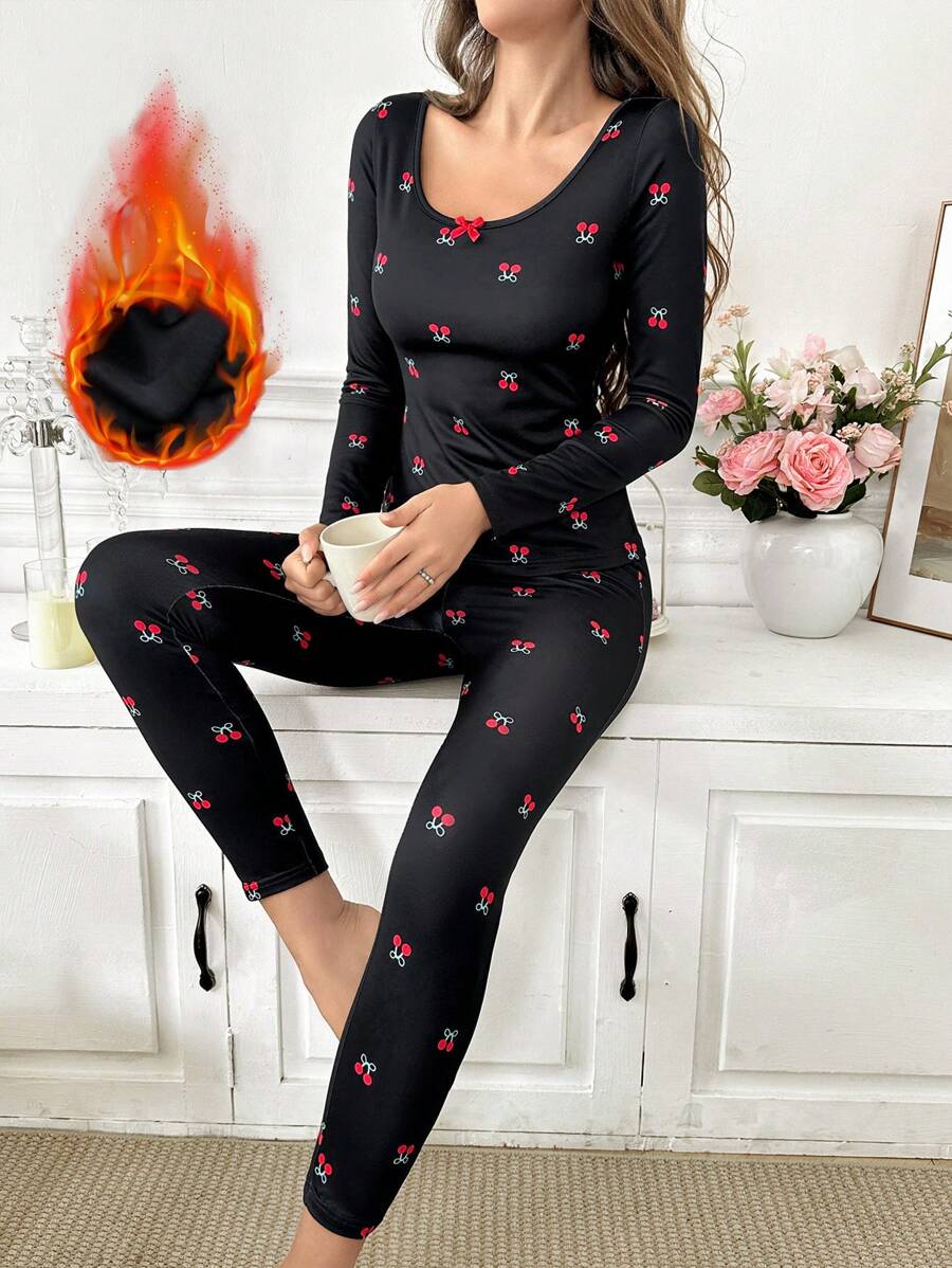 Cherry Blossom Print Thermal Lined Slim Fit Long Sleeve Top & Long Pants Women's Base Layer Set