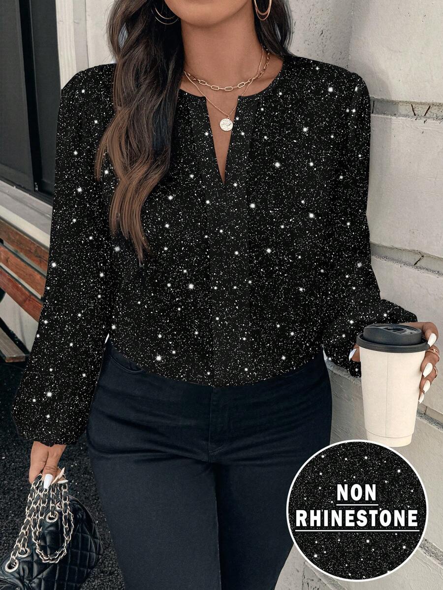 SHEIN Clasi Camisa de talla grande de ajuste relajado, estilo minimalista y casual, con estampado de rhinestone falso en escote en V, apropiada para otoño/invierno