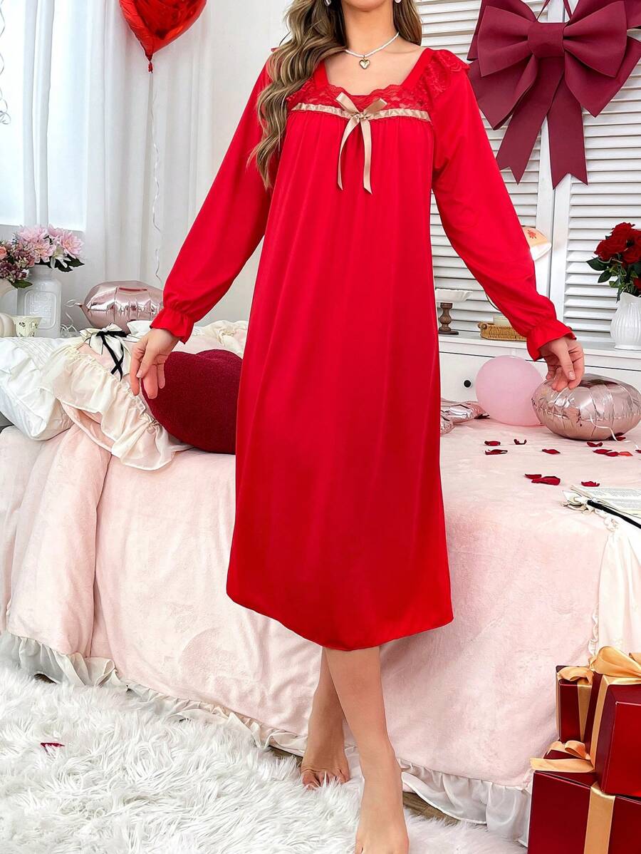 Camisón casual de mujer con cuello redondo, parches de encaje y decoración de lazo en las mangas largas