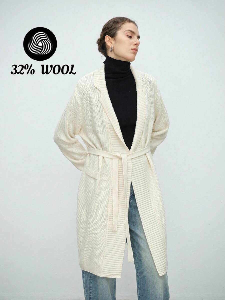 Aalyst Autumn/Winter 32% Wool Women Casual V-Neck Cardigan, Loose Knitted Sweater With Thick Waist Belt, Outerwear