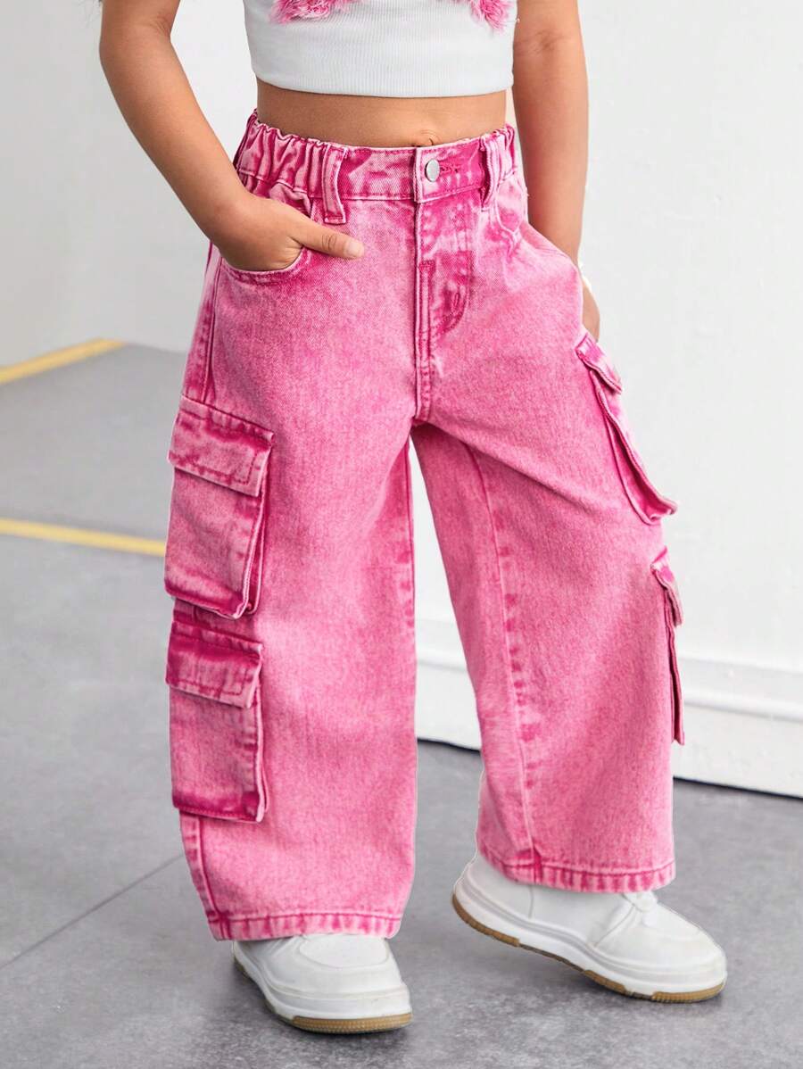 SHEIN Jong meisje Y2K grijs denim cargo pocket losse wijde broek, meisje herfst en winter denim jeans kleding