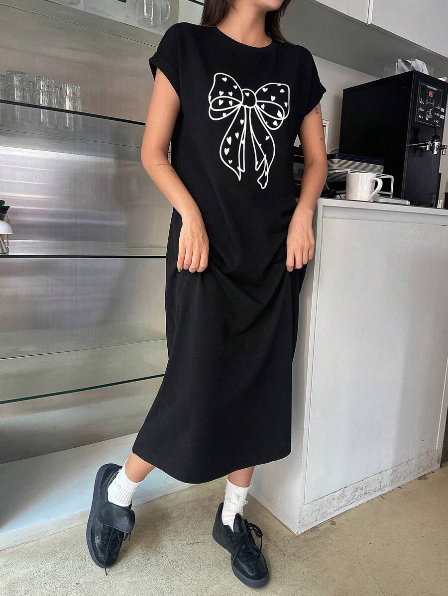 DAZY Women Bow Print T-Shirt Midi Dress Sundress,Casual Women Dresses