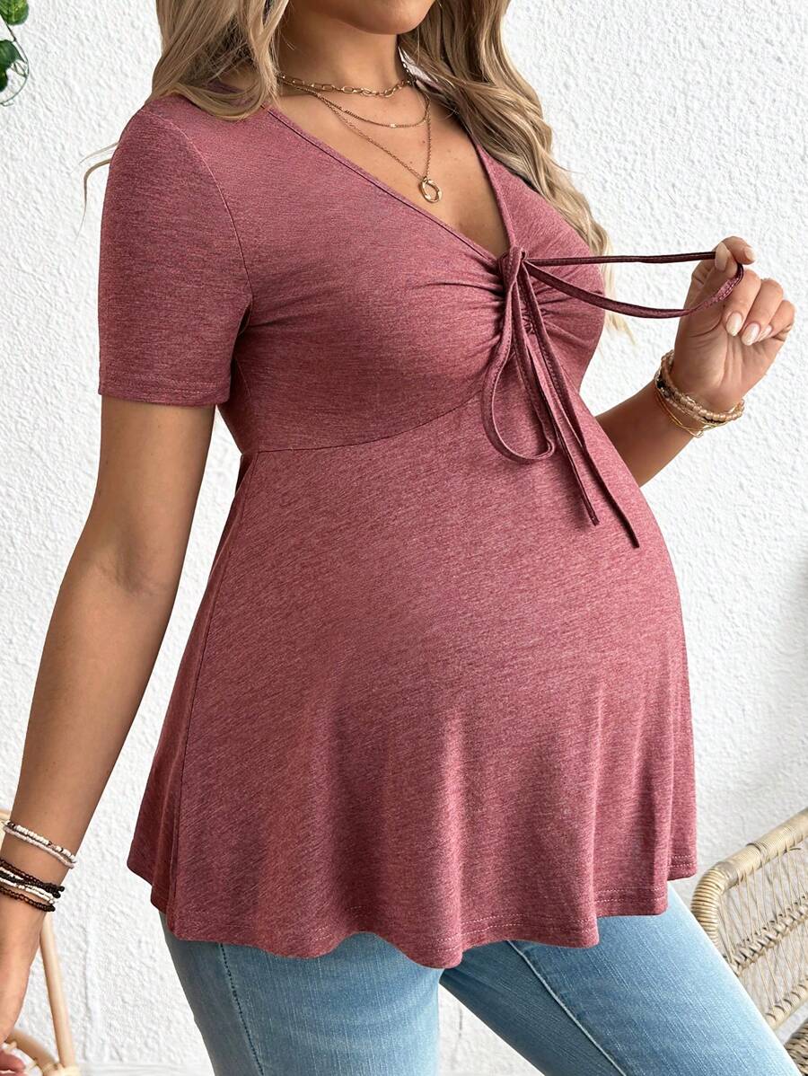 SHEIN Camiseta casual de manga corta con nudo delantero y unicolor para embarazadas