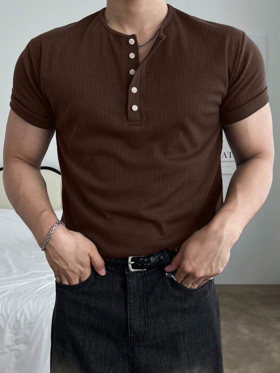 DAZY Men's Slim Fit Textured Half-Placket T-Shirt, Essentials