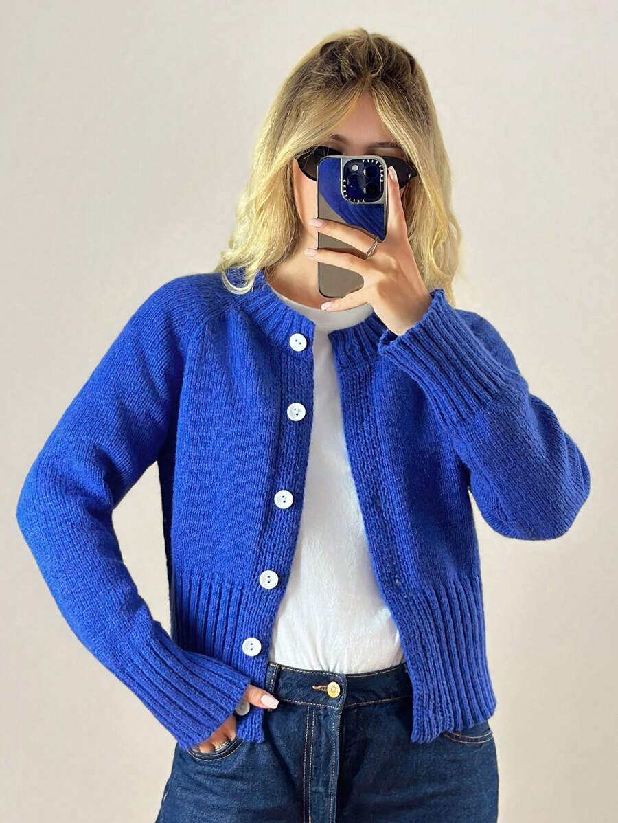 Forever 21 Autumn/Winter New Round Neck Blue Long Sleeve Knitted Warm Cardigan, Suitable For Christmas And Back To School