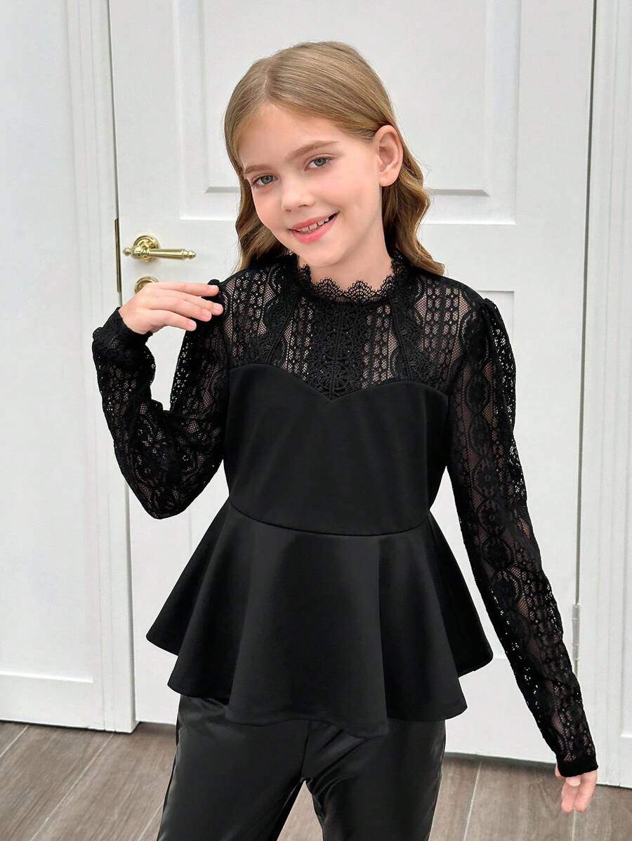 SHEIN Camisa de manga larga con dobladillo con volantes, encaje bordado y tela de malla elegante y de para niña preadolescente, color negro, adecuada para fiestas y al aire libre