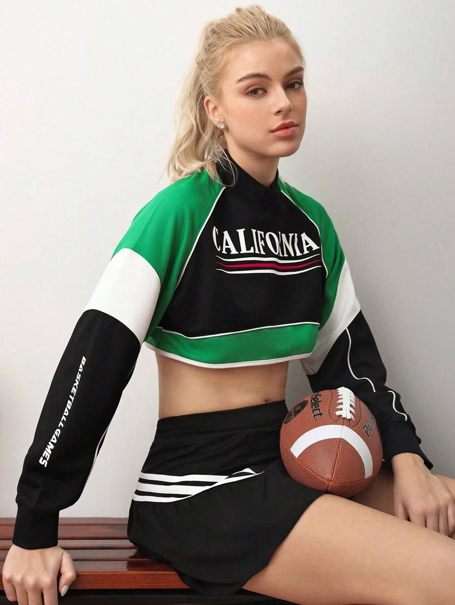 Cheerettes Girl's School Style Green Color-Block Letter Print Short Sporty Sweatshirt For Daily Casual Wear