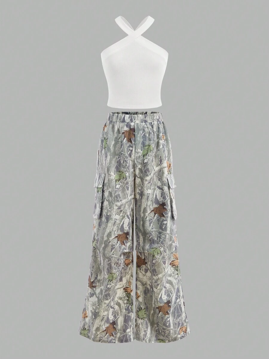 SHEIN Tween-Mädchen Lässiges Neckholder-Top mit gerade geschnittener Hose