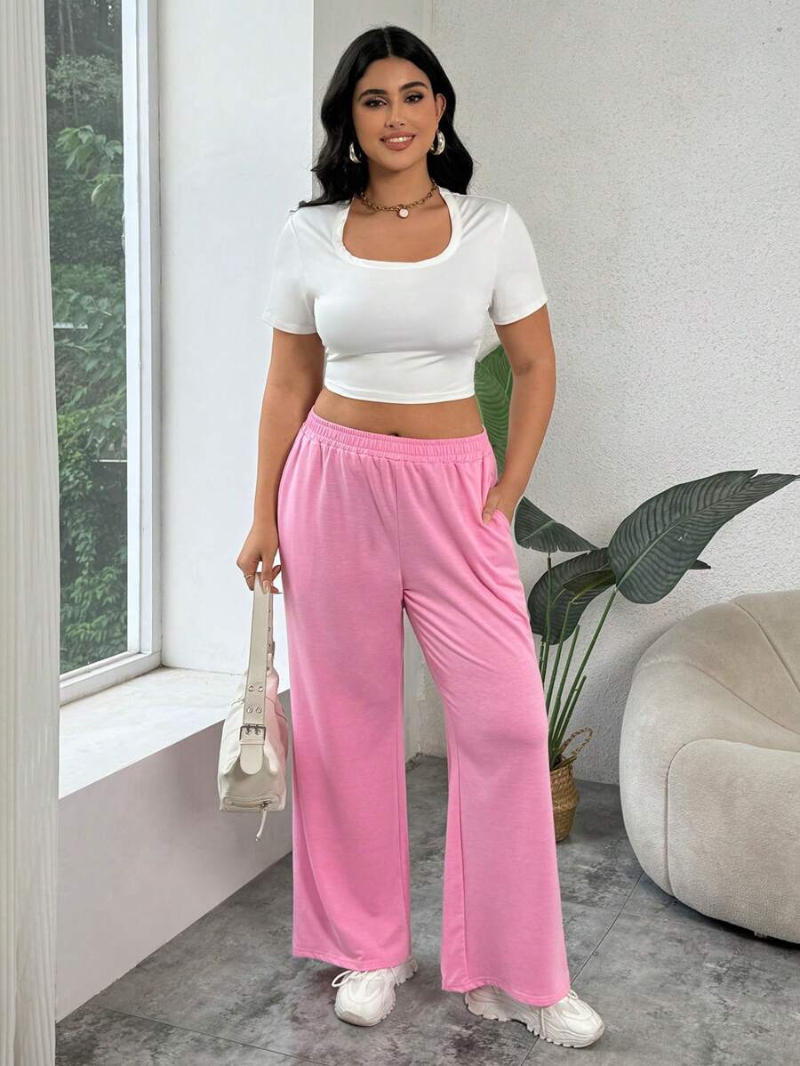 INAWLY Plus Size Solid Color Casual Straight Pocket Sweatpants, Fall Women Clothes Graduation,Back To School Outfits,Graduation,Teacher Outfits For Women,Back To School