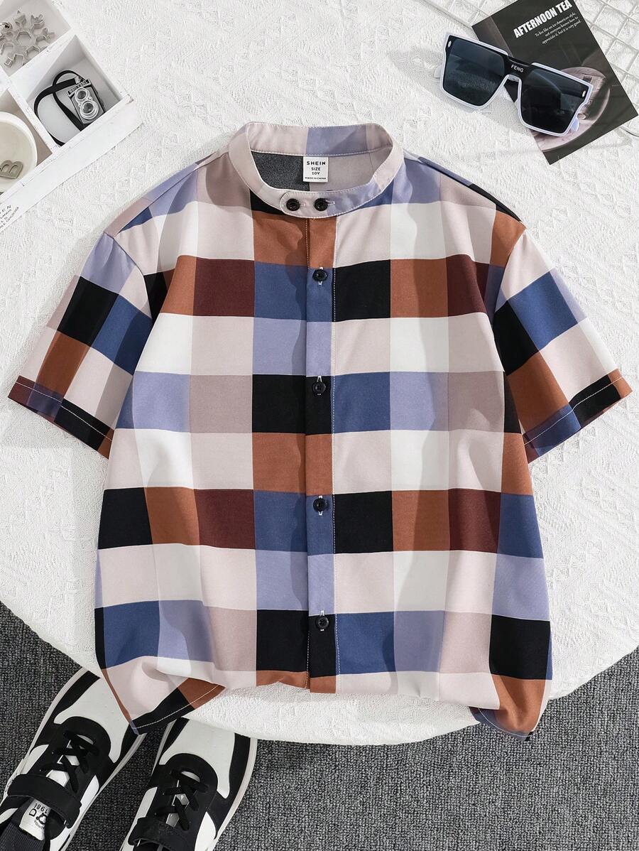 Tween Boy Casual College Color Block Corduroy Lapel Loose Open Front Short Sleeve Woven Shirt, Suitable For School, Garden, Beach, Birthday In Spring, Summer, Autumn, Winter