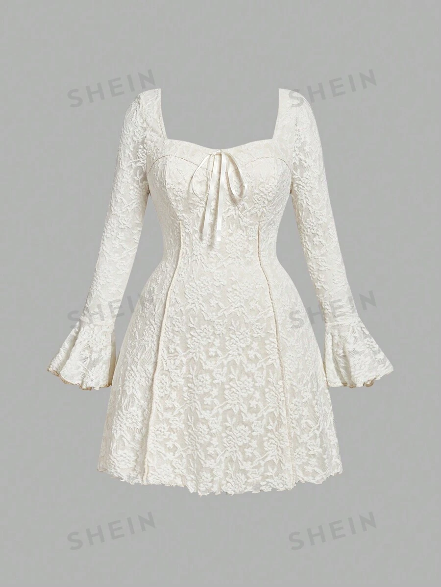 SHEIN MOD Vestido con escote cuadrado, mangas campana y Body en color albaricoque para tallas grandes