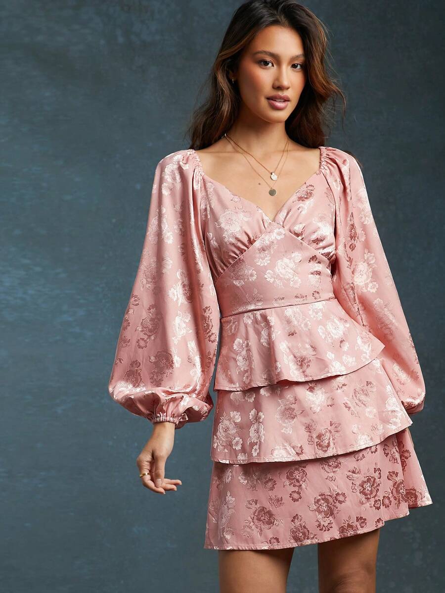 WESTFADE Western bloemenpatroon geweven jacquard sweetheart hals gelaagde ruche strik rug lange mouw mini western jurk
