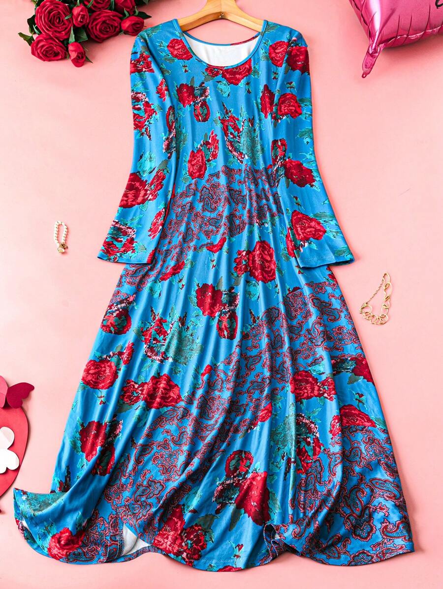 Plus Size Women Rose Floral Print A-Line Long Sleeve Crew Neck Dress