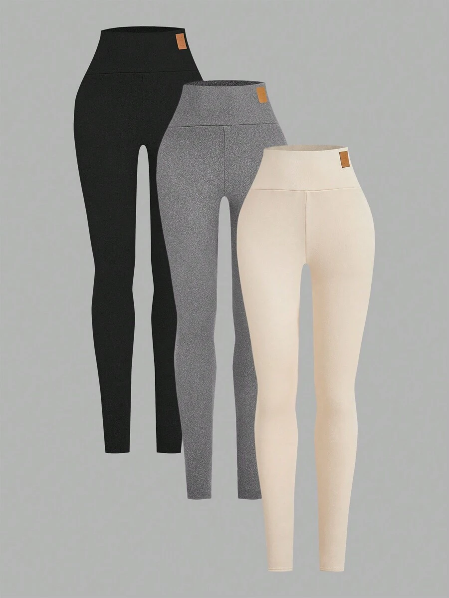 SHEIN EZwear 3pcs Women Solid Color Thermal Lined Leggings, Autumn/Winter