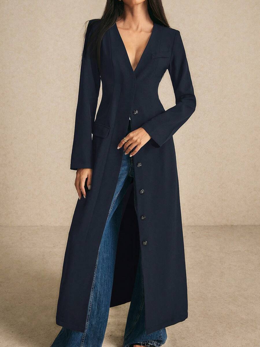 Poéselle Women's Long Single-Breasted Long-Sleeved Blazer-Collar Long Trench Coat, Long Trench Coat, Trench Women Coat, Long Coat, Autumn Women's Clothing, Winter Women's Clothing, Halloween Women's Clothing